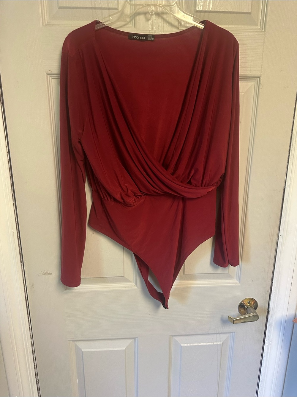 Boohoo Burgundy Long Sleeve Wrap-Style Bodysuit